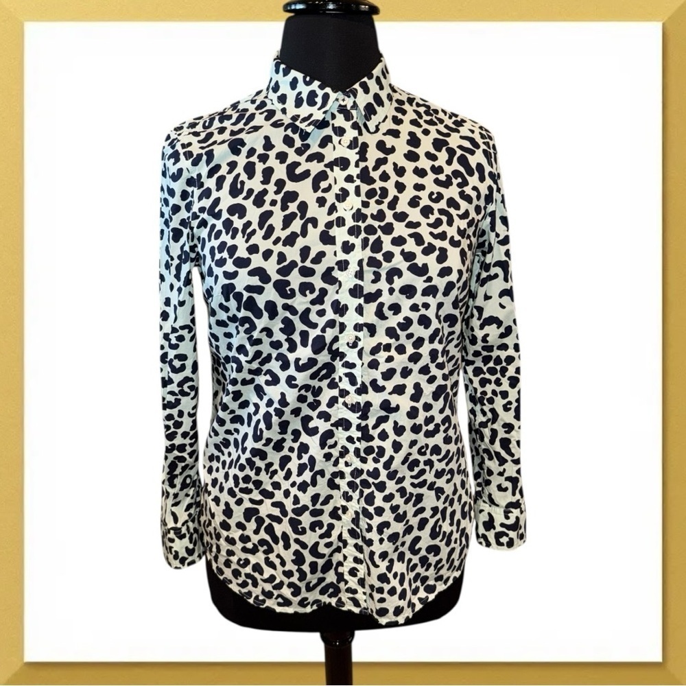 TALBOTS CLASSIC COTTON SHIRT - GRAPHIC CHEETAH Women’s Large - Mint Green/Navy - Picture 15 of 15